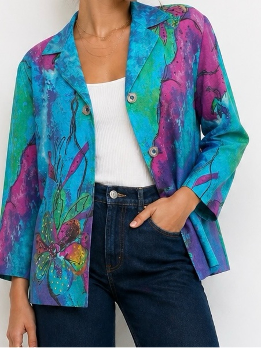 Nancy Bolen Silk Beaded Jacket Artsy Boho Abstract Blazer Lined Lightweight S
